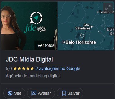 Ficha da JDC Mídia Digital no painel da busca do Google, com nota, categoria e botões de site, avaliar e salvar