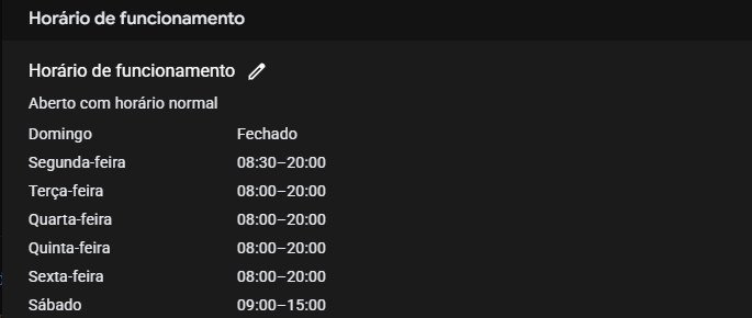 Horário de funcionamento cadastrado na ficha, de segunda a sábado