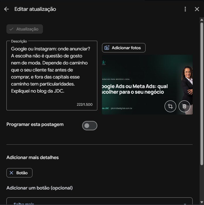 Tela de nova atualização no Perfil da Empresa, com texto, imagem e a opção Programar esta postagem