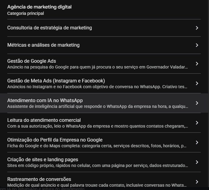 Lista de serviços da ficha da JDC, cada um com a descrição do que é feito